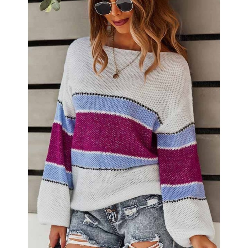 Boat Neckline Color Stripe Sweater - Picture 2 of 5